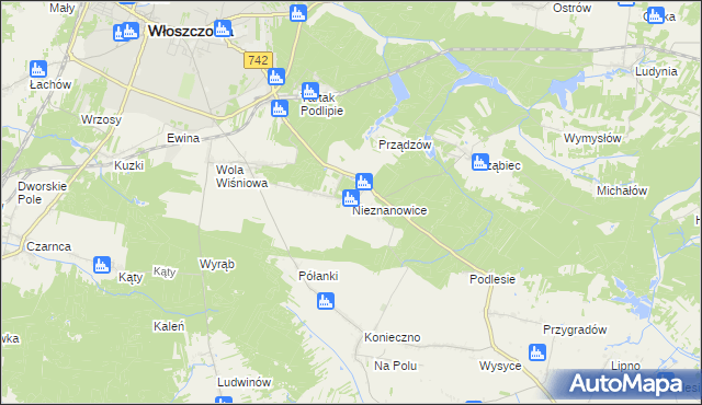 mapa Nieznanowice gmina Włoszczowa, Nieznanowice gmina Włoszczowa na mapie Targeo