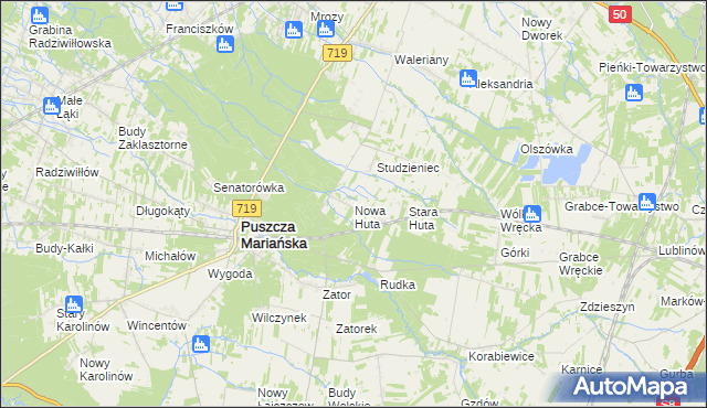 mapa Nowa Huta gmina Puszcza Mariańska, Nowa Huta gmina Puszcza Mariańska na mapie Targeo