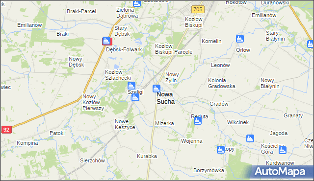 mapa Nowa Sucha powiat sochaczewski, Nowa Sucha powiat sochaczewski na mapie Targeo