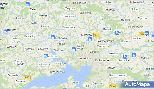 mapa Nowa Wieś gmina Dobczyce, Nowa Wieś gmina Dobczyce na mapie Targeo