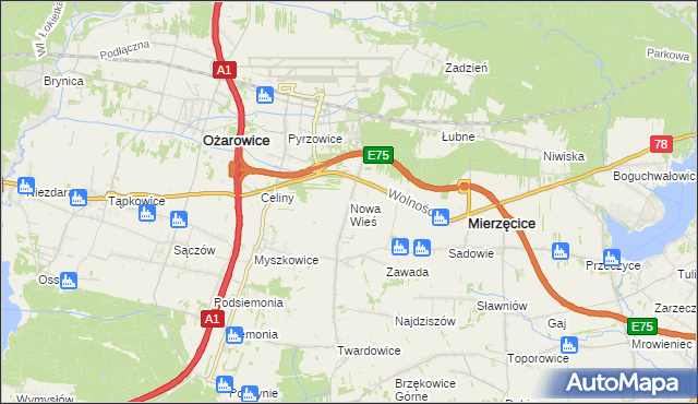 mapa Nowa Wieś gmina Mierzęcice, Nowa Wieś gmina Mierzęcice na mapie Targeo