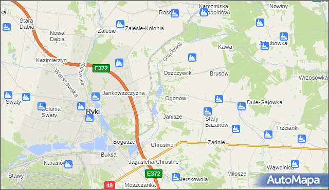 mapa Ogonów gmina Ryki, Ogonów gmina Ryki na mapie Targeo