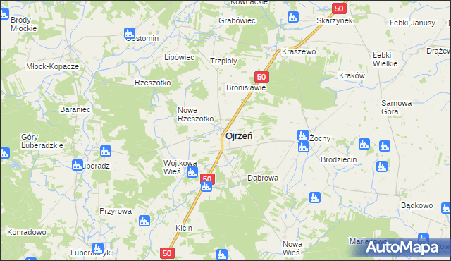 mapa Ojrzeń powiat ciechanowski, Ojrzeń powiat ciechanowski na mapie Targeo