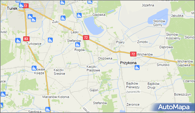 mapa Olszówka gmina Przykona, Olszówka gmina Przykona na mapie Targeo
