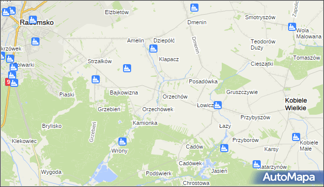 mapa Orzechów gmina Kobiele Wielkie, Orzechów gmina Kobiele Wielkie na mapie Targeo