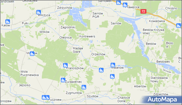 mapa Orzechów gmina Lutomiersk, Orzechów gmina Lutomiersk na mapie Targeo