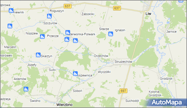 mapa Orzechów gmina Wierzbno, Orzechów gmina Wierzbno na mapie Targeo