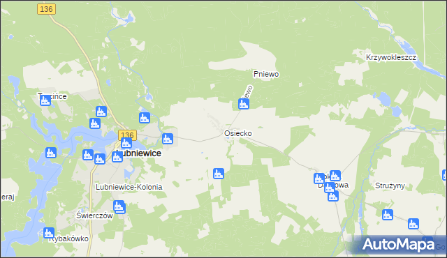 mapa Osiecko gmina Bledzew, Osiecko gmina Bledzew na mapie Targeo