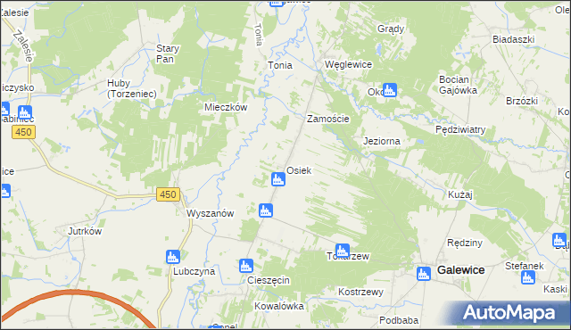 mapa Osiek gmina Galewice, Osiek gmina Galewice na mapie Targeo