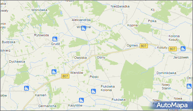 mapa Osiny gmina Wola Mysłowska, Osiny gmina Wola Mysłowska na mapie Targeo