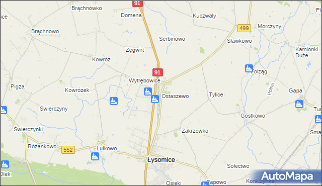 mapa Ostaszewo gmina Łysomice, Ostaszewo gmina Łysomice na mapie Targeo
