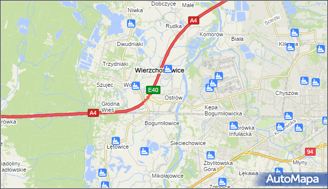 mapa Ostrów gmina Wierzchosławice, Ostrów gmina Wierzchosławice na mapie Targeo