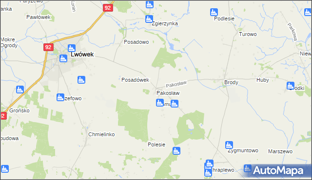 mapa Pakosław gmina Lwówek, Pakosław gmina Lwówek na mapie Targeo