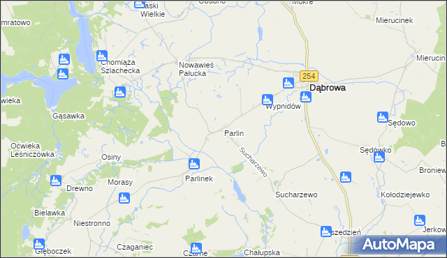 mapa Parlin gmina Dąbrowa, Parlin gmina Dąbrowa na mapie Targeo