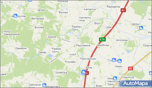 mapa Parzniewice, Parzniewice na mapie Targeo