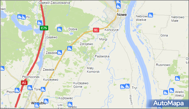 mapa Pastwiska gmina Nowe, Pastwiska gmina Nowe na mapie Targeo