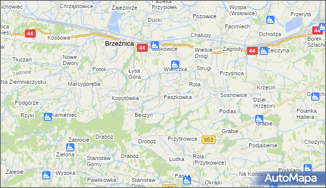 mapa Paszkówka gmina Brzeźnica, Paszkówka gmina Brzeźnica na mapie Targeo