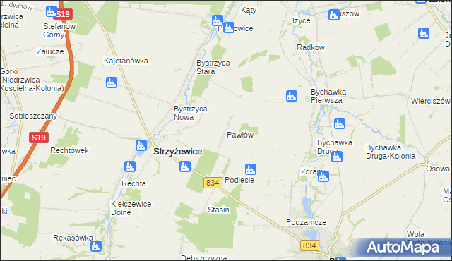 mapa Pawłów gmina Strzyżewice, Pawłów gmina Strzyżewice na mapie Targeo