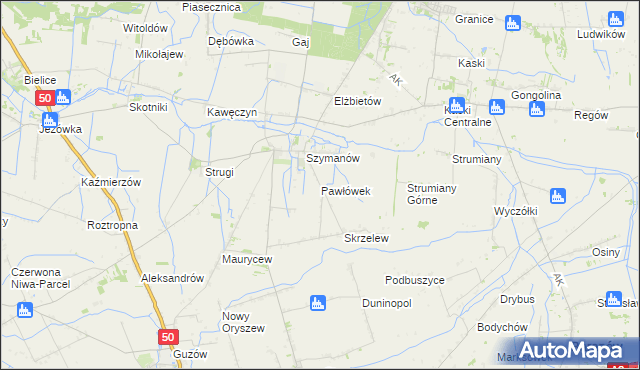 mapa Pawłówek gmina Teresin, Pawłówek gmina Teresin na mapie Targeo