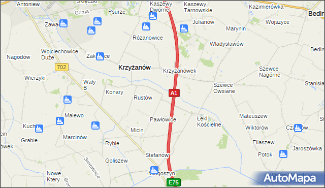 mapa Pawłowice gmina Krzyżanów, Pawłowice gmina Krzyżanów na mapie Targeo