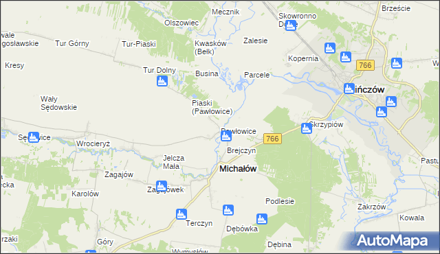 mapa Pawłowice gmina Michałów, Pawłowice gmina Michałów na mapie Targeo