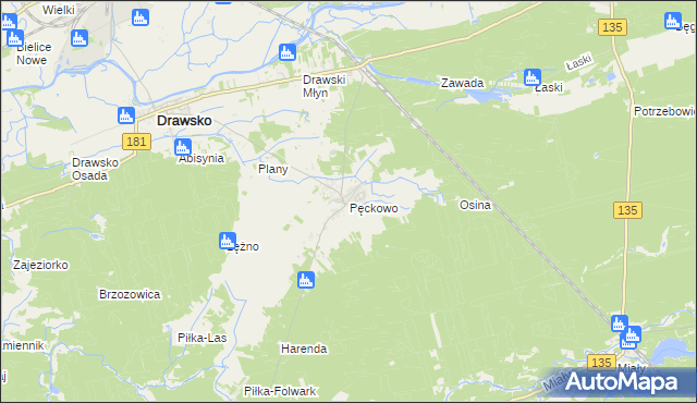 mapa Pęckowo gmina Drawsko, Pęckowo gmina Drawsko na mapie Targeo