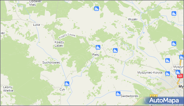 mapa Pełty gmina Myszyniec, Pełty gmina Myszyniec na mapie Targeo