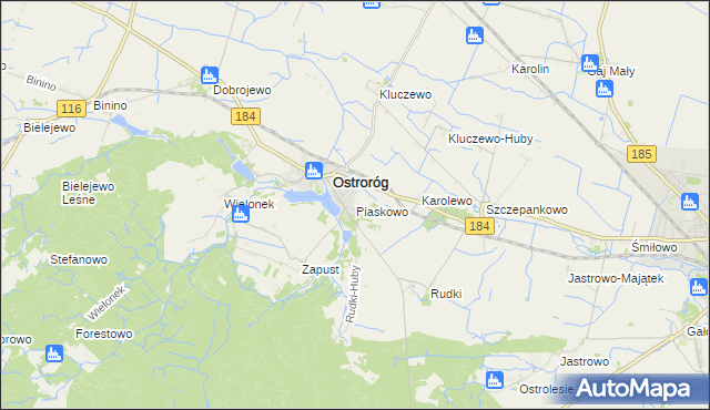 mapa Piaskowo gmina Ostroróg, Piaskowo gmina Ostroróg na mapie Targeo