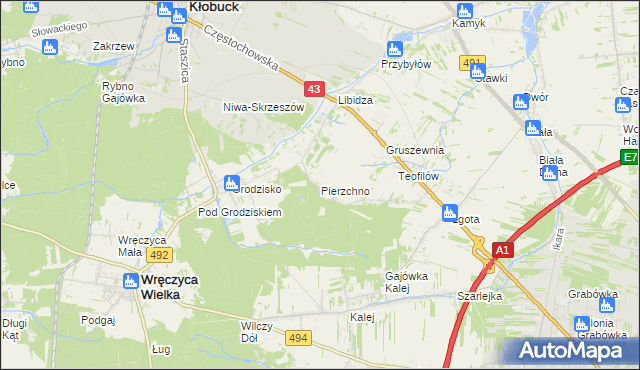 mapa Pierzchno gmina Wręczyca Wielka, Pierzchno gmina Wręczyca Wielka na mapie Targeo