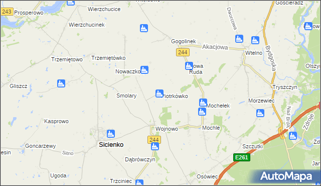 mapa Piotrkówko gmina Sicienko, Piotrkówko gmina Sicienko na mapie Targeo