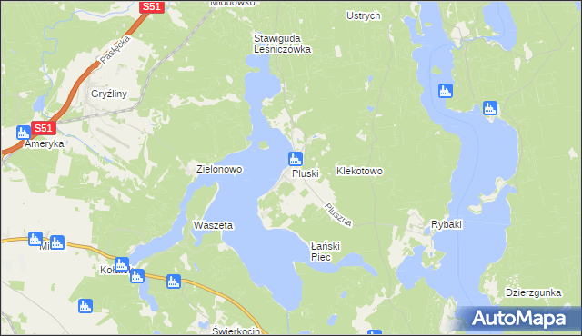 mapa Pluski gmina Stawiguda, Pluski gmina Stawiguda na mapie Targeo