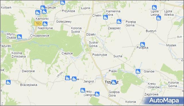 mapa Podchybie gmina Trzyciąż, Podchybie gmina Trzyciąż na mapie Targeo