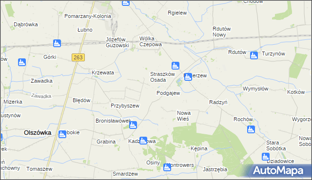 mapa Podgajew gmina Kłodawa, Podgajew gmina Kłodawa na mapie Targeo