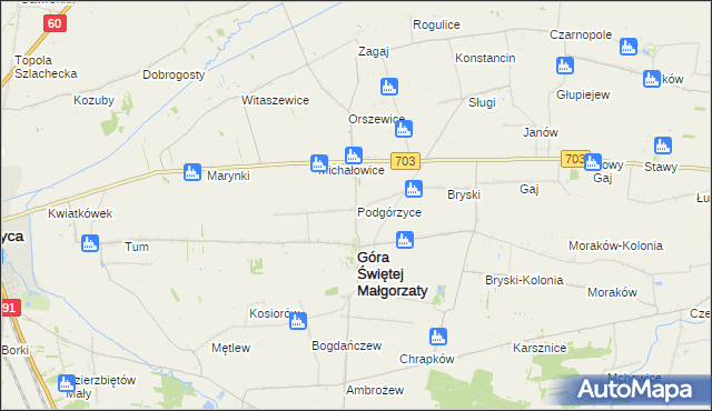 mapa Podgórzyce gmina Góra Świętej Małgorzaty, Podgórzyce gmina Góra Świętej Małgorzaty na mapie Targeo