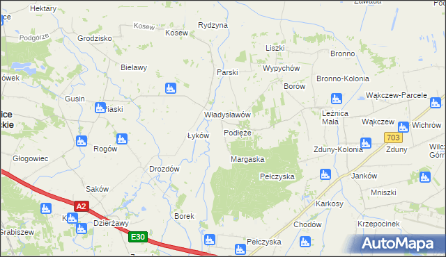 mapa Podłęże gmina Świnice Warckie, Podłęże gmina Świnice Warckie na mapie Targeo