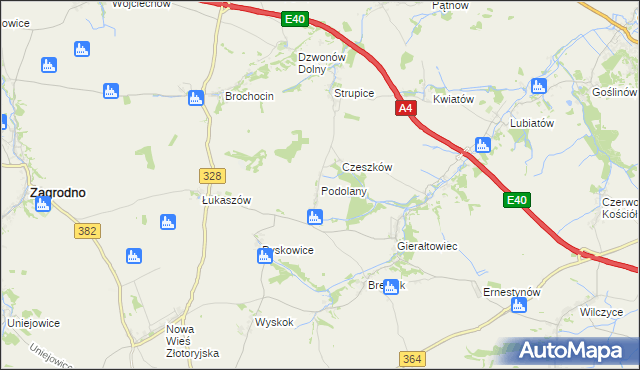 mapa Podolany gmina Złotoryja, Podolany gmina Złotoryja na mapie Targeo
