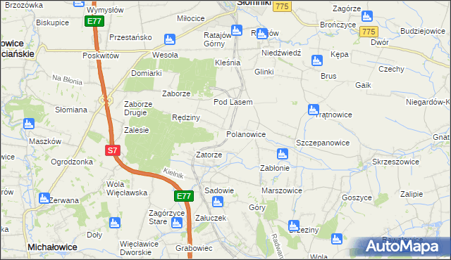 mapa Polanowice gmina Słomniki, Polanowice gmina Słomniki na mapie Targeo