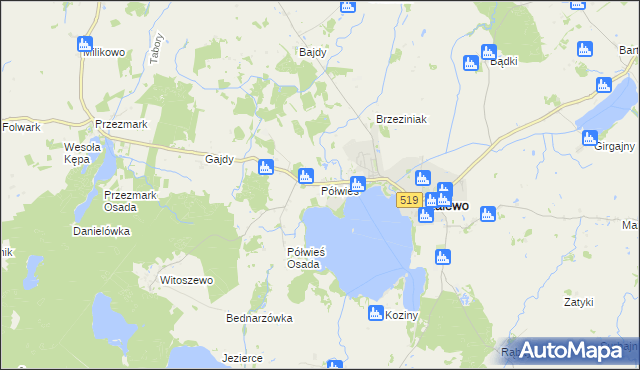 mapa Półwieś gmina Zalewo, Półwieś gmina Zalewo na mapie Targeo