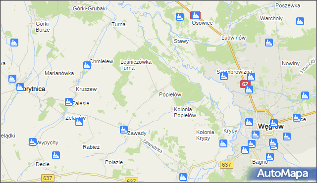 mapa Popielów gmina Liw, Popielów gmina Liw na mapie Targeo