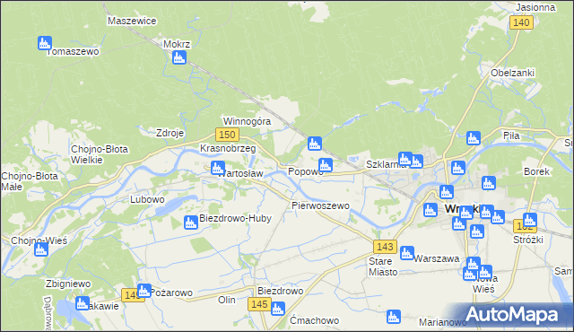 mapa Popowo gmina Wronki, Popowo gmina Wronki na mapie Targeo