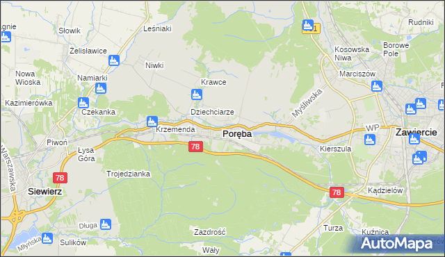 mapa Poręba powiat zawierciański, Poręba powiat zawierciański na mapie Targeo