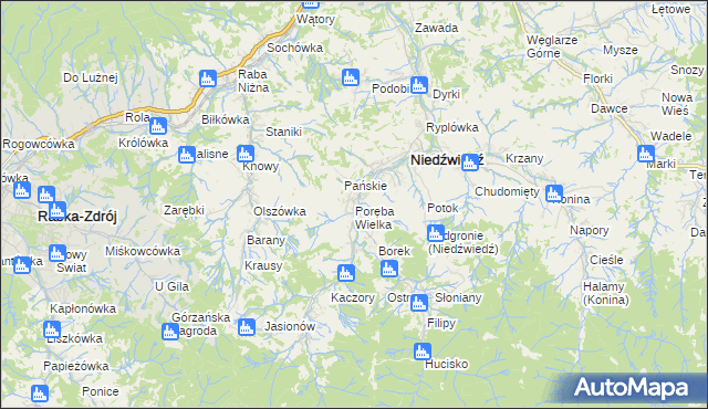 mapa Poręba Wielka gmina Niedźwiedź, Poręba Wielka gmina Niedźwiedź na mapie Targeo