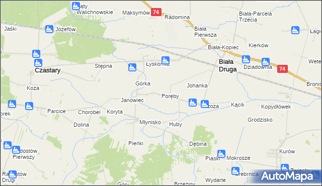 mapa Poręby gmina Biała, Poręby gmina Biała na mapie Targeo