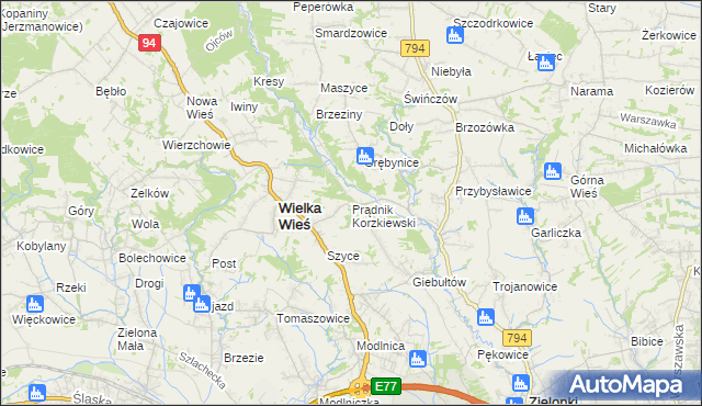 mapa Prądnik Korzkiewski, Prądnik Korzkiewski na mapie Targeo