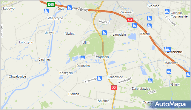 mapa Prądocin gmina Deszczno, Prądocin gmina Deszczno na mapie Targeo