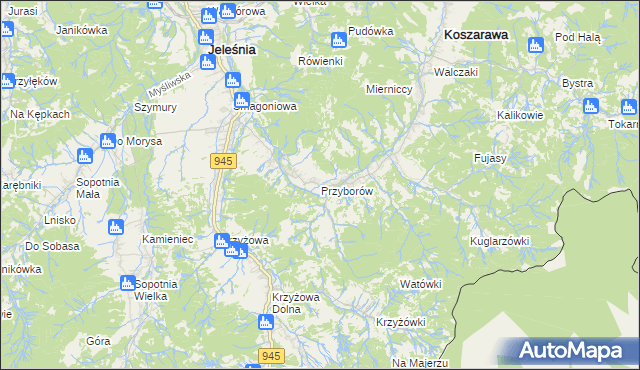 mapa Przyborów gmina Jeleśnia, Przyborów gmina Jeleśnia na mapie Targeo