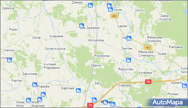 mapa Przyborów gmina Widawa, Przyborów gmina Widawa na mapie Targeo