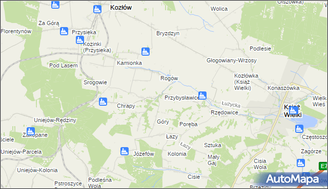 mapa Przybysławice gmina Kozłów, Przybysławice gmina Kozłów na mapie Targeo