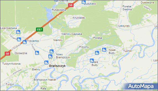 mapa Przyjmy gmina Brańszczyk, Przyjmy gmina Brańszczyk na mapie Targeo