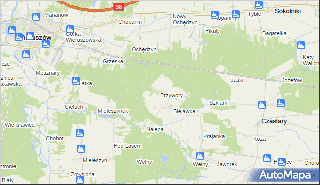 mapa Przywory gmina Czastary, Przywory gmina Czastary na mapie Targeo